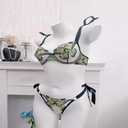 Ultra-Thin Sexy Lace Sheer Lingerie Set For Women French Butterfly Embroidery Push Up Bra Soft Underwire Support Date Night Wear