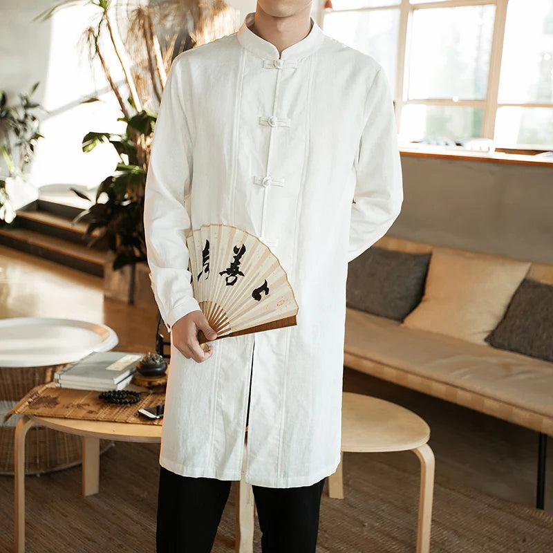 Autumn Cotton Linen Stand Collar Traditional Chinese Men's irt Middle Length Button Decorated Casual Wear Youth Tang Suit