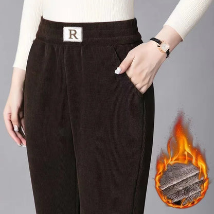 Autumn Winter Thickened Fleece Harlan Pants Women's Loose Casual Straight Leg Pants with Pockets Polyester Fiber Long Trousers