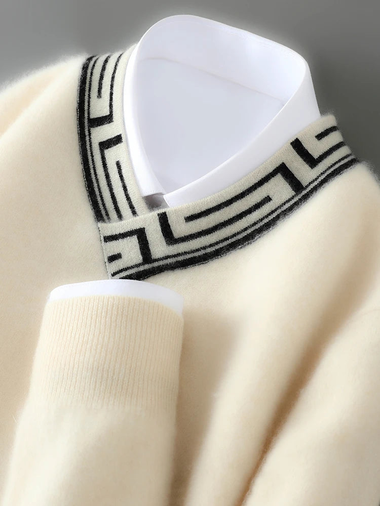 Autumn and winter new men's V-neck 100% pure cashmere sweater thick long sleeve contrast cashmere knitting fashion.