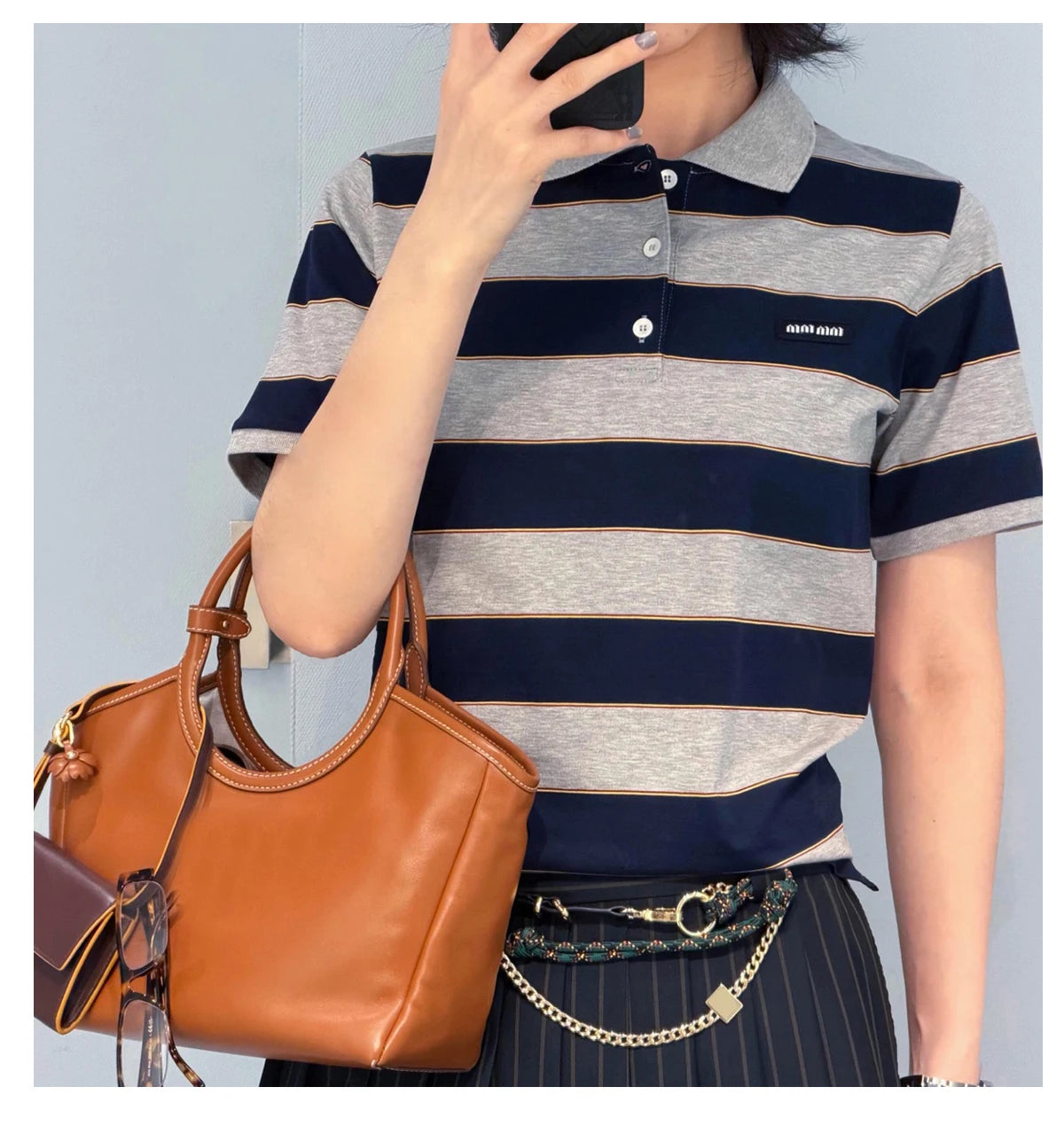 Sweet Cool Girl Spring New Style Miu Style Embroidered Letter Grey Blue Color Block Stripe  Short Sleeve Women's Top