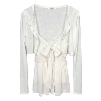 2026 Arrival Korea Dongdaemun Two Piece Set Sexy Slim Fit Bow Knot Tank Top+Elegant Solid Color Short Cardigan Women's Clothing