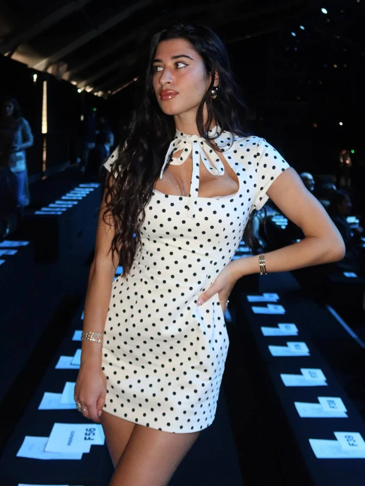 HH Summer Fashion Women's Polka Dot Mini Dress 2026 Short Sleeve Lace Up Collar Party Dress Female Hollow Out Sexy Evening Dress