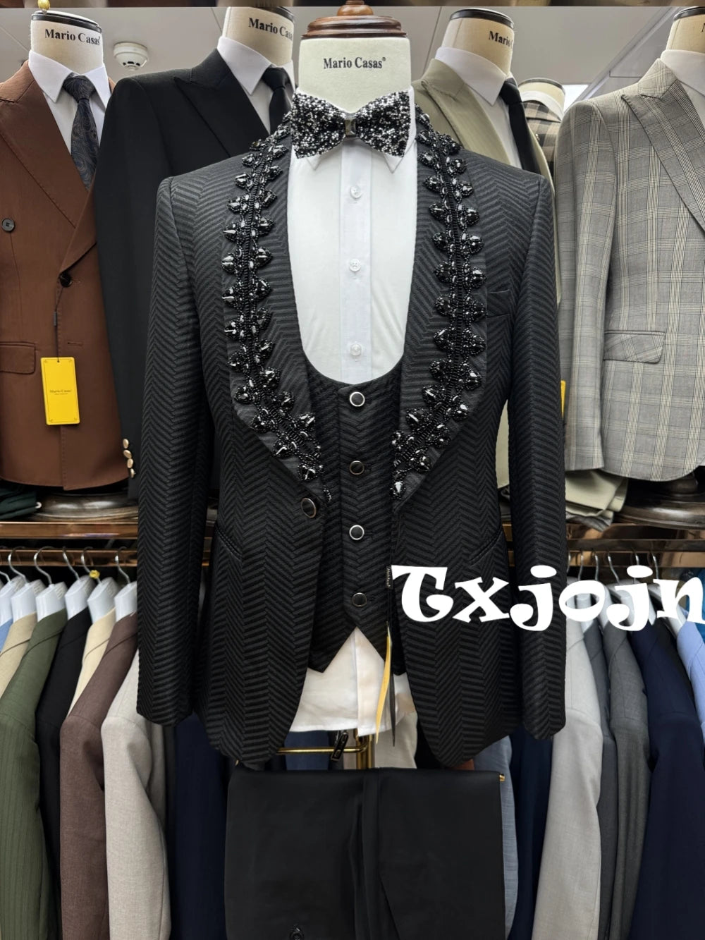 Gorgeous Sparkly Beaded Men's Suit Set 3 Pieces Banquet Party Wear,Black Jacquard Slim Fit Suits For Men Wedding Groom Sets