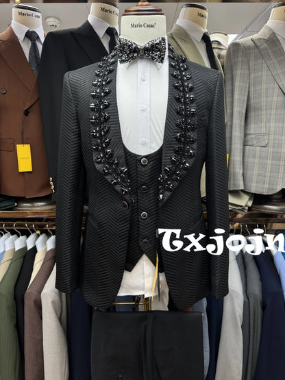 Gorgeous Sparkly Beaded Men's Suit Set 3 Pieces Banquet Party Wear,Black Jacquard Slim Fit Suits For Men Wedding Groom Sets