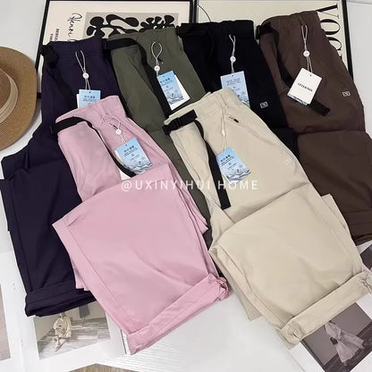 Lightweight Breathable Quick-Dry Paratrooper Pants Women's Casual Loose Fit Sunscreen Waist Cord Trousers Korean Style High W...