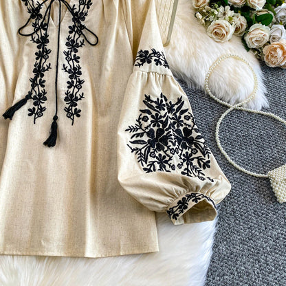 Bohemian Vacation Style Women's Shirt round Neck Lantern Sleeve Embroidery Heavy Work Autumn Design Sense Knot Design Top