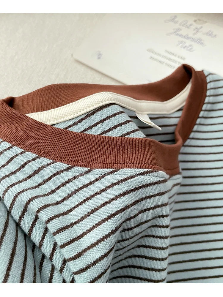 Spring New Style Color Block Long Sleeve round Neck Base Shirt Women's Retro Striped T-Shirt Asymmetrical Hemline Casual Cotton