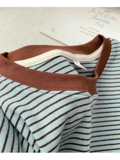 Spring New Style Color Block Long Sleeve round Neck Base Shirt Women's Retro Striped T-Shirt Asymmetrical Hemline Casual Cotton