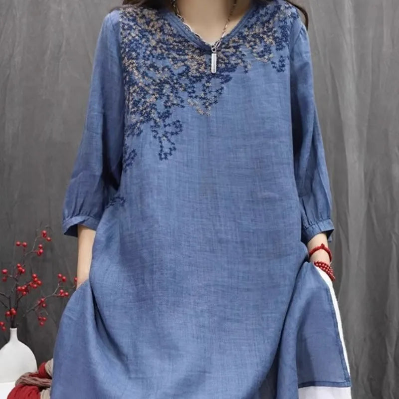 Retro Cotton Linen Embroidered Shirt Women's Thin Loose Mid-Length Open Split Top Korean Style Commute Fashion Summer 2025