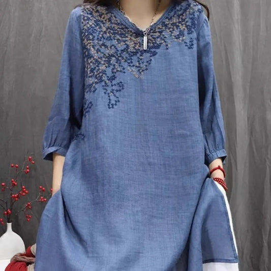 Retro Cotton Linen Embroidered Shirt Women's Thin Loose Mid-Length Open Split Top Korean Style Commute Fashion Summer 2025