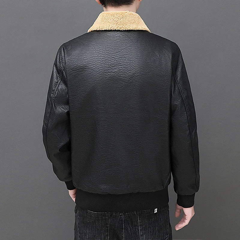 Solid Zipper Design Leather Jacket Plus Size Bomber Coat Men's Leather Jacket Winter Fashion Warmth Thickened Leather Jacket