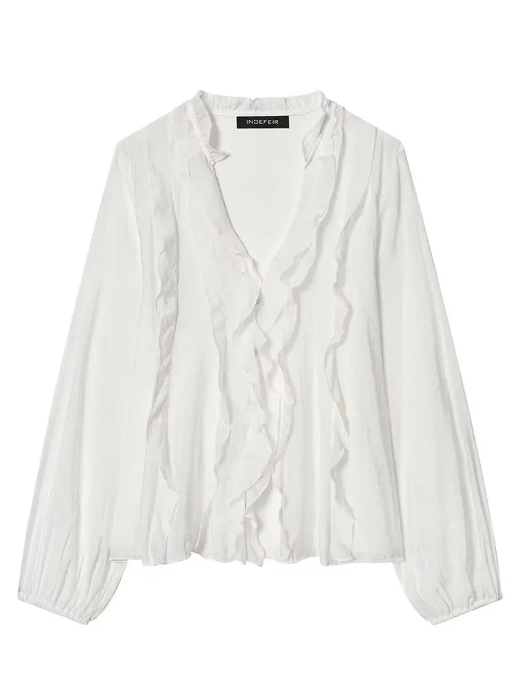HH Women Elegant Fashion Polka Dot Ruffled Blouse V Neck Long Sleeve Shirt Summer Translucent Thin Tops High Street Chic Shirts