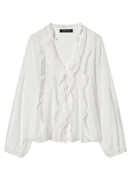 HH Women Elegant Fashion Polka Dot Ruffled Blouse V Neck Long Sleeve Shirt Summer Translucent Thin Tops High Street Chic Shirts