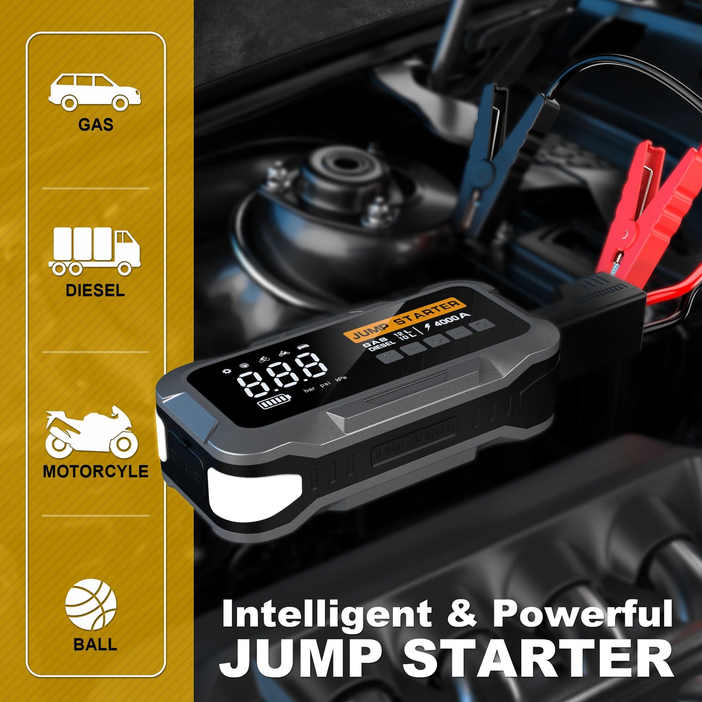 14000mAh Car Jump Starter&Tire Inflator 4 in 1 Battery Starter 12V Powerful Professional 4000A Auto Booster Splitter Universal