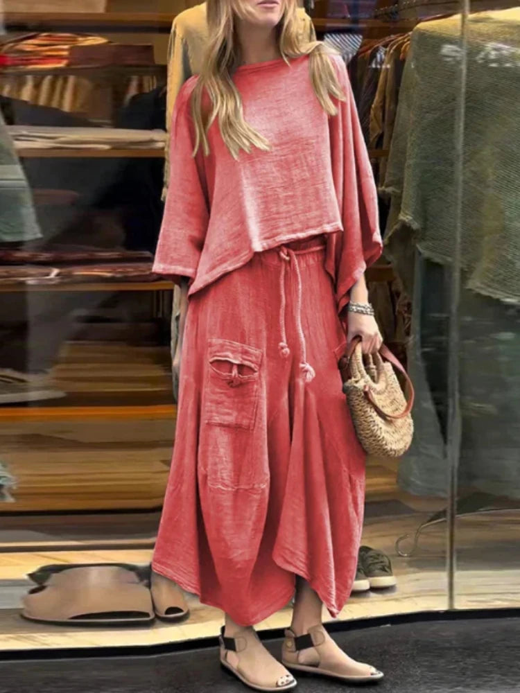 2024 Autumn Fashion New Women's Cotton and Linen Loose Skirt Two-piece Set Solid Color Irregular Top Waist Pocket Skirt Set