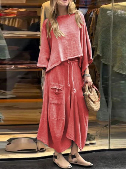 2024 Autumn Fashion New Women's Cotton and Linen Loose Skirt Two-piece Set Solid Color Irregular Top Waist Pocket Skirt Set