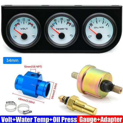 3IN1 Triple Meter Kits Gasoline Car 12V 52mm Voltage+Water Temp+Oil Pressure Gauge with Sensor Radiator Hose Adapter 26MM-40MM