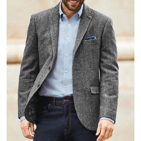 Men's Herringbone Tweed Suit Blazer Classic Notch Lapel Dress Jacket Elegant Slim Fit Fashion Simple Casual Business Outerwear