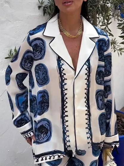 KONDALA Vintage Casual Print Women Suit Single Breasted V Neck Shirts+Loose Wide Leg Long Pants Fashion 2024 Autumn Women Sets