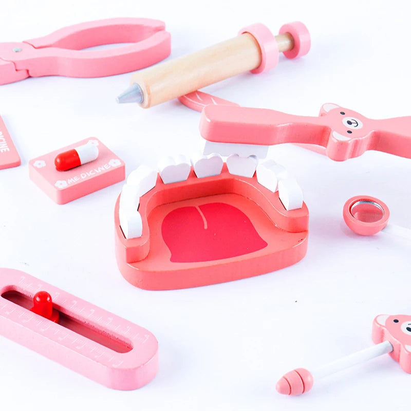 Wooden Pretend Play Doctor Toys Kids Role-playing Games Simulation Dentist Bag Set Stethoscope Teeth Model Educational Toy Gifts