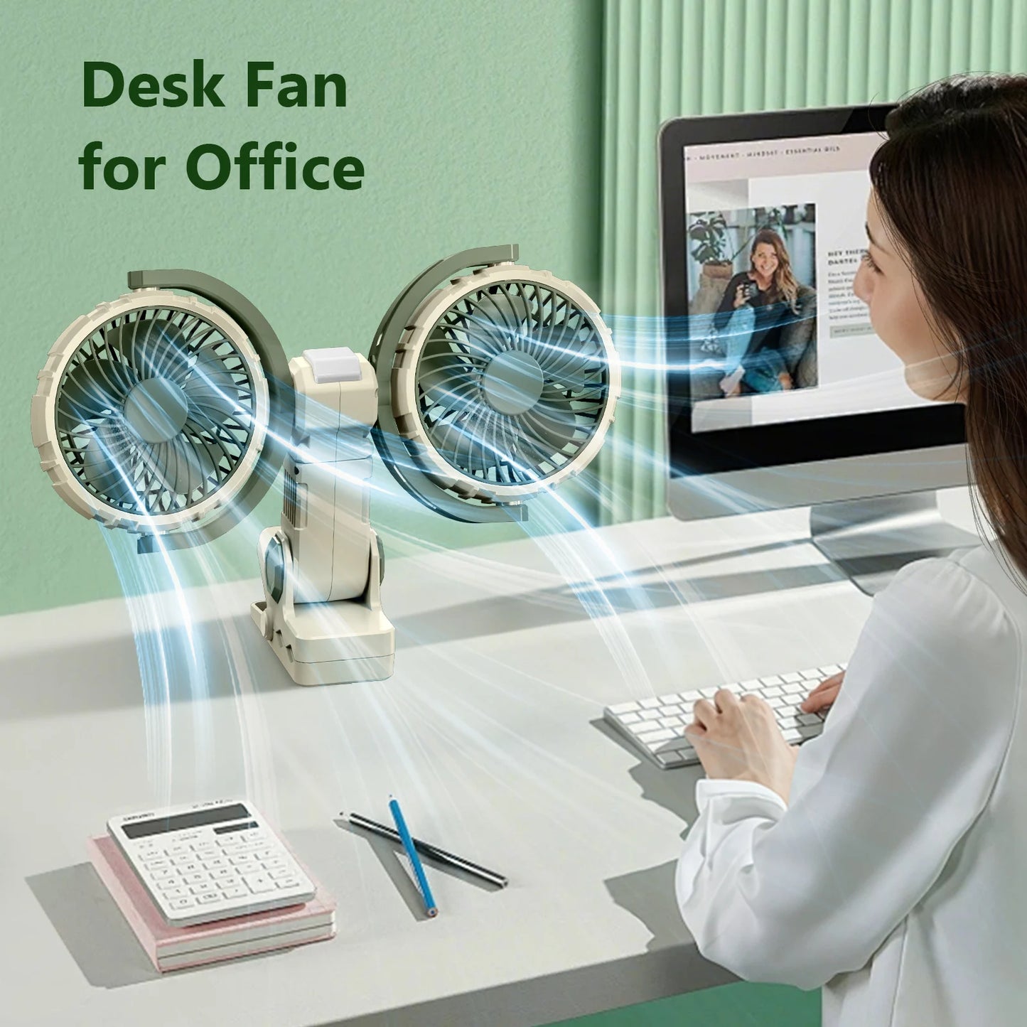 Hipacool Car Clip Dual Head Fan 360° Rotatable 4000mAh 3-Speeds Two Light Modes USB Rechargeable Desktop Cooling Air Fan