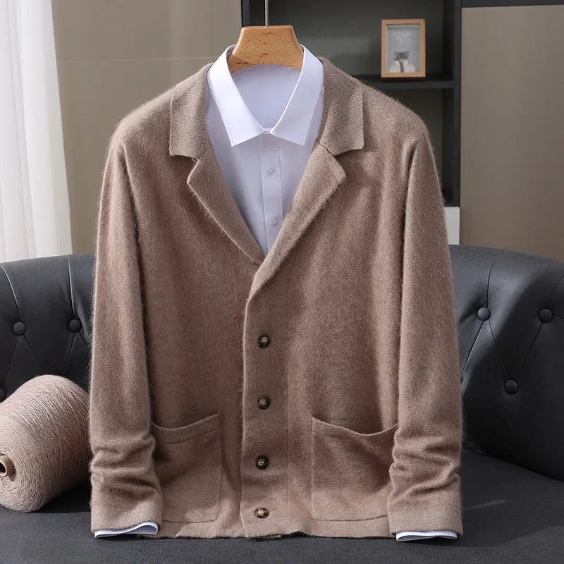 MVLYFLRT Men's 100% Mink Cashmere Cardigan Thick Knit Sweater Suit Collar Premium Warm Winter Outerwear Men's Clothing D185 ﻿