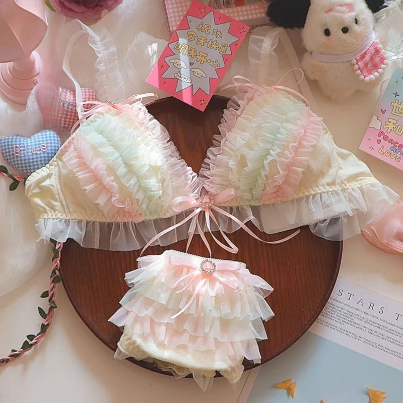 Japan Style Cream Ice Cream Bra Set Wireless Lace Trim Sweet Teen Girl Heart Cake Layer Soft Sexy Daily Lingerie Hot New Trend