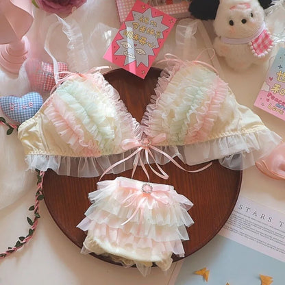 Japan Style Cream Ice Cream Bra Set Wireless Lace Trim Sweet Teen Girl Heart Cake Layer Soft Sexy Daily Lingerie Hot New Trend