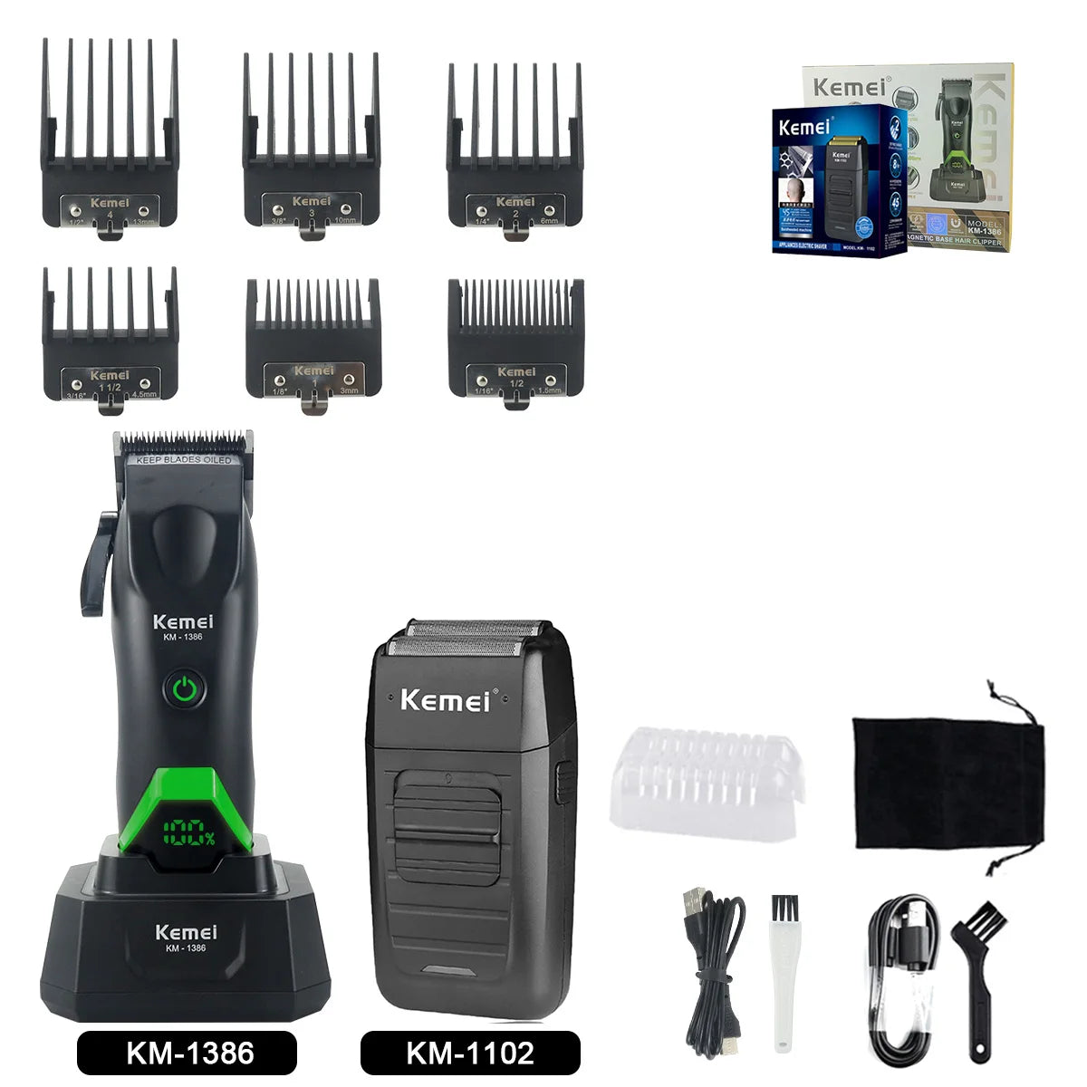 Kemei 1386 Men's Hair Clipper 8000RPM DLC Blade with Base Charger LED Display 2000mAh Professional Hair Cutting Machine Trimmer