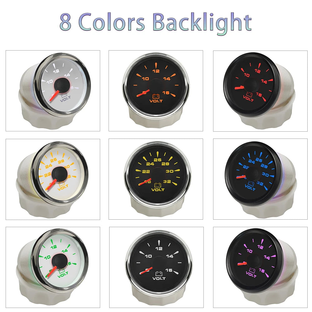 Rhaxel 52mm Voltmeter 8-16V 18-32V Gauge for Car Truck Yachts with 8 Color Backlight for Car Truck Tractors Vessels