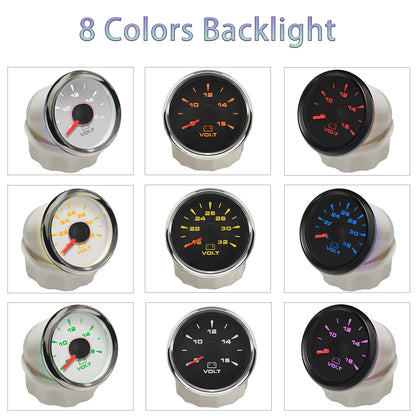 Rhaxel 52mm Voltmeter 8-16V 18-32V Gauge for Car Truck Yachts with 8 Color Backlight for Car Truck Tractors Vessels