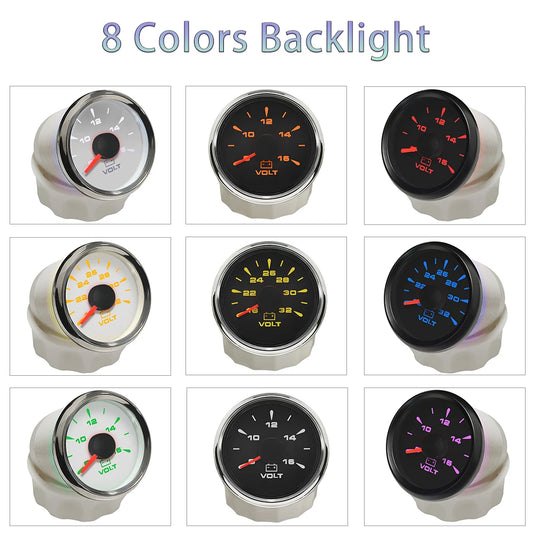 Rhaxel 52mm Voltmeter 8-16V 18-32V Gauge for Car Truck Yachts with 8 Color Backlight for Car Truck Tractors Vessels
