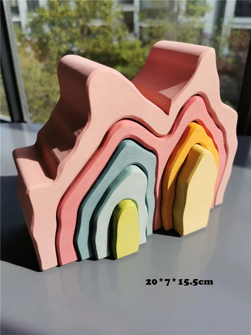 Montessori Wooden Toys Elemental Rainbow Stacking Blocks /Unpaint Wood Tree Building Stacking Car Volcano Coral Sea Wave