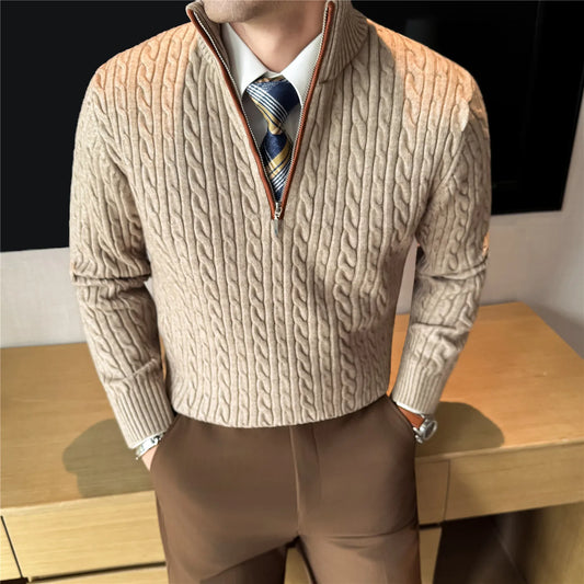 Men's Wool Quarter-Zip Sweater, All Day Warm Cable Knit, Old Money Style for Smart Casual, Gray and Beige Colors Available