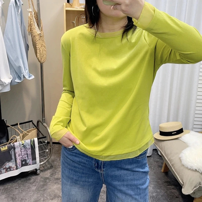 Spring New plus Size round Neck Mesh Splice Loose Long Sleeve Base Shirt Women Fat MM Slimming Belly Cover Simple T-shirt