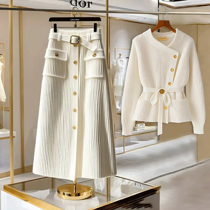 Elegant Autumn Winter Knitted Sweater Long Sleeve Women's Skirt Set High Waist Loose Fit Fashionable Two-Piece Ensemble