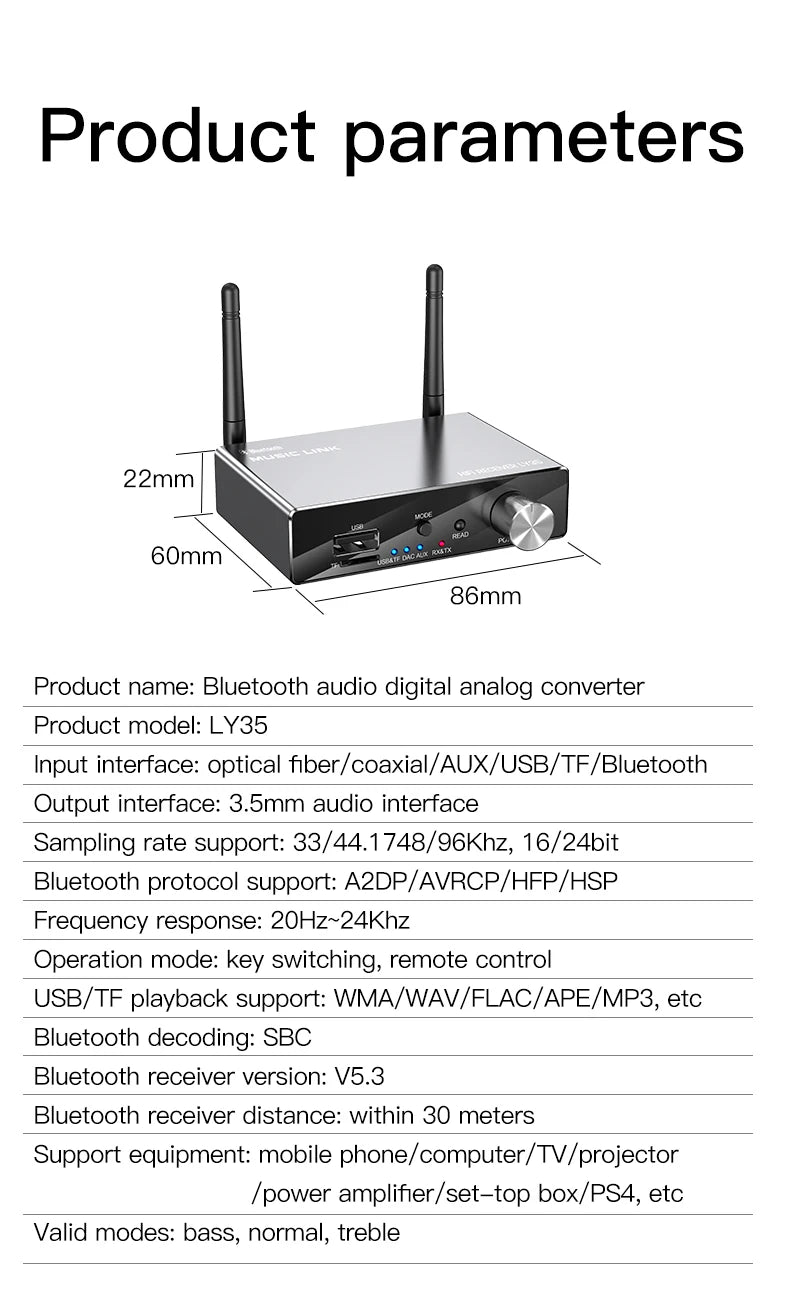 6 IN 1 DAC Bluetooth 5.3 Receiver Transmitter Optical Coaxial AUX RCA USB TF Wireless Audio Adapter Digital to Analog Converter