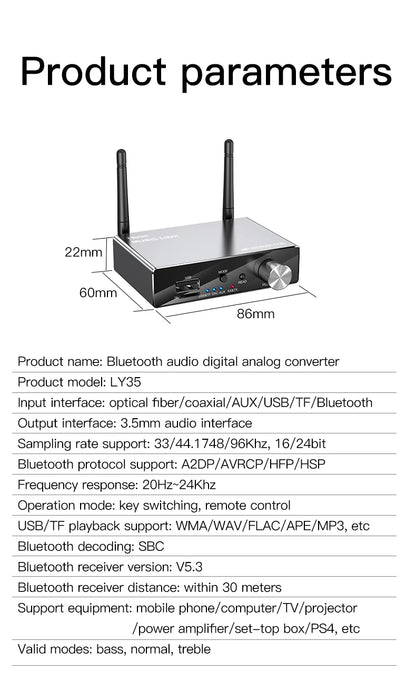 6 IN 1 DAC Bluetooth 5.3 Receiver Transmitter Optical Coaxial AUX RCA USB TF Wireless Audio Adapter Digital to Analog Converter