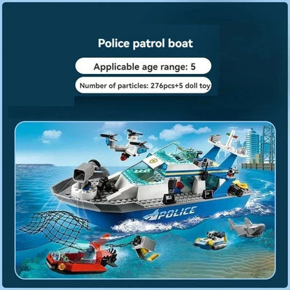 Building blocks children's City Series  Police Patrol Boat Ship Assembly City group police boat boy MOC Gift Assembly Toy