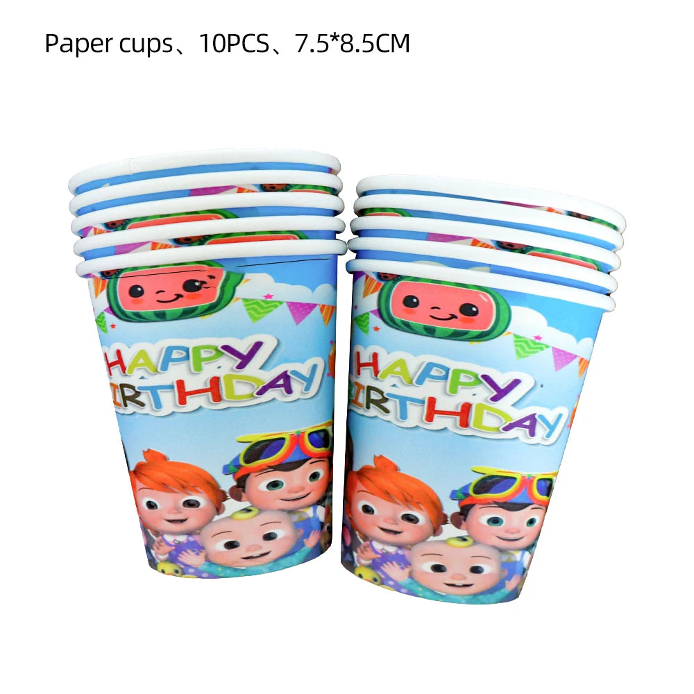 Cocomelon Birthday Party Decoration Tableware Set Birthday Cup Plate Napkin Tablecloth Cake Topper Balloon Party Favors Gifts