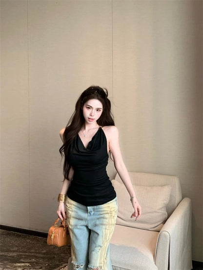 Women's Summer Cowl Neck Tank Top with Chain Strap Sexy Open Back Sleeveless Cami Y2K Streetwear Crop Top