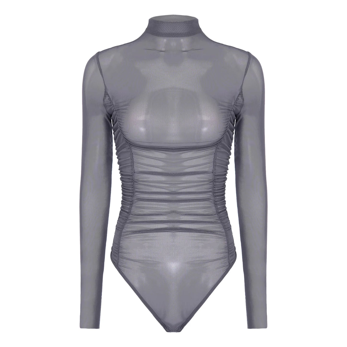 Womens Nightclub Beach Bodysuit Sheer Mesh Side Ruched High Collar Long Sleeve Button Crotch Leotard See Through Cover Up Outfit