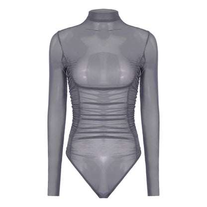 Womens Nightclub Beach Bodysuit Sheer Mesh Side Ruched High Collar Long Sleeve Button Crotch Leotard See Through Cover Up Outfit