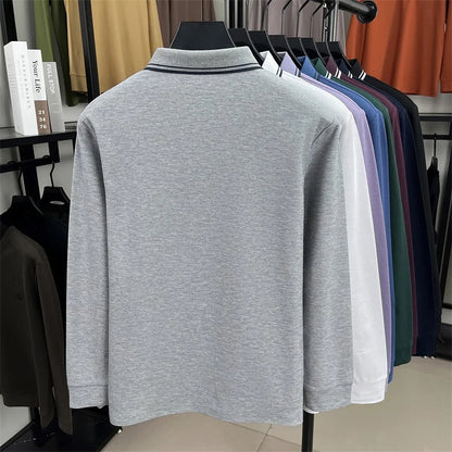 Men's 100% Cotton Long-Sleeve Polo Shirt - Light Purple Soft Knit  Breathable Business Casual Hexagon Pique Texture