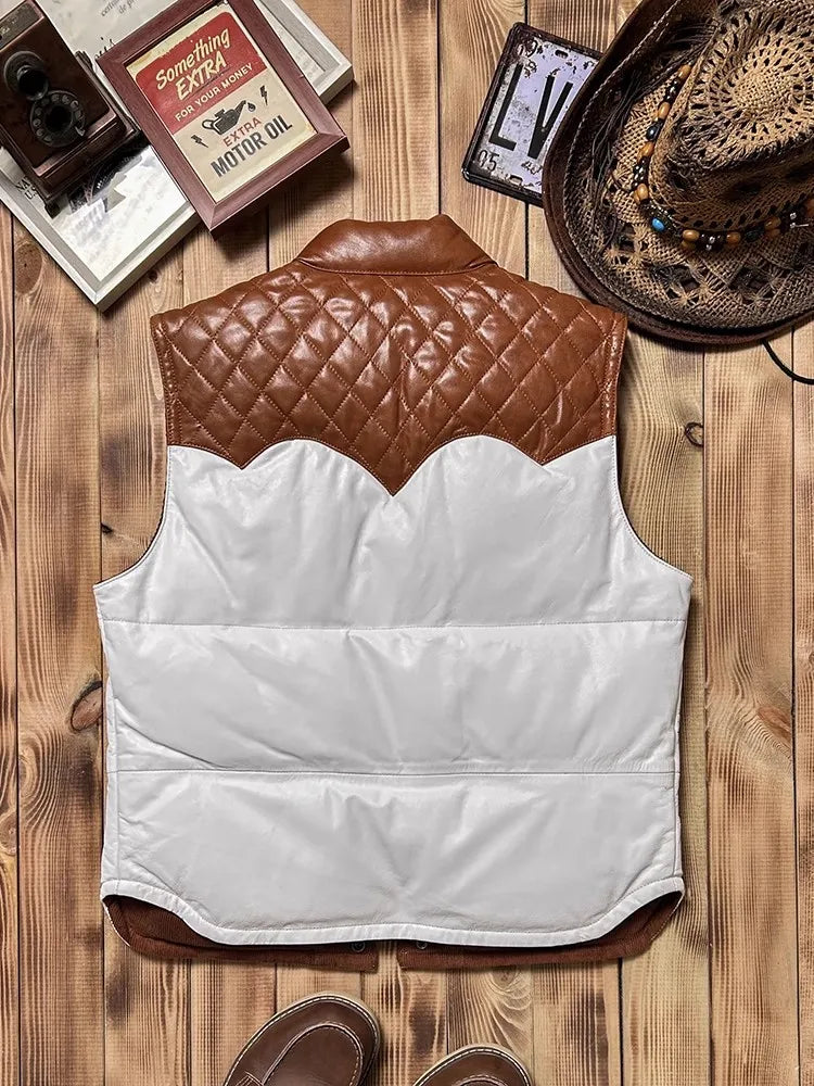 Mens Casual Genuine Leather Vest Coat Winter Warm Sleeveless Down Jacket Thick Stand Collar Sheepskin Spliced Cowhide Waistcoat