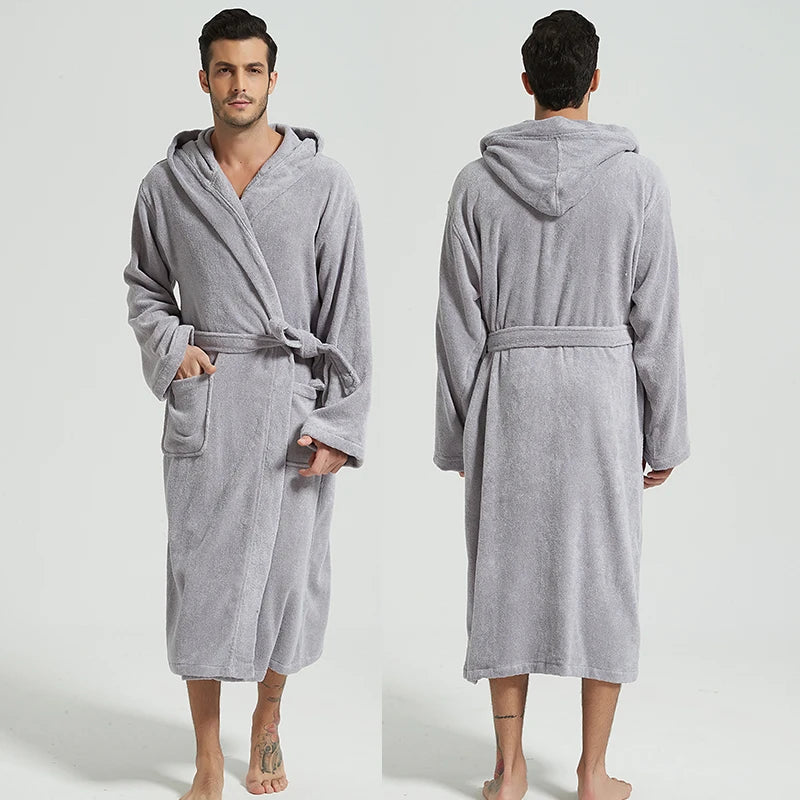 Hooded Bathrobe Men 100% Cotton Hooded  Women Sleepwear Nightgown Towel Fleece Thick Long Soft Autumn Winter White Home Hotel