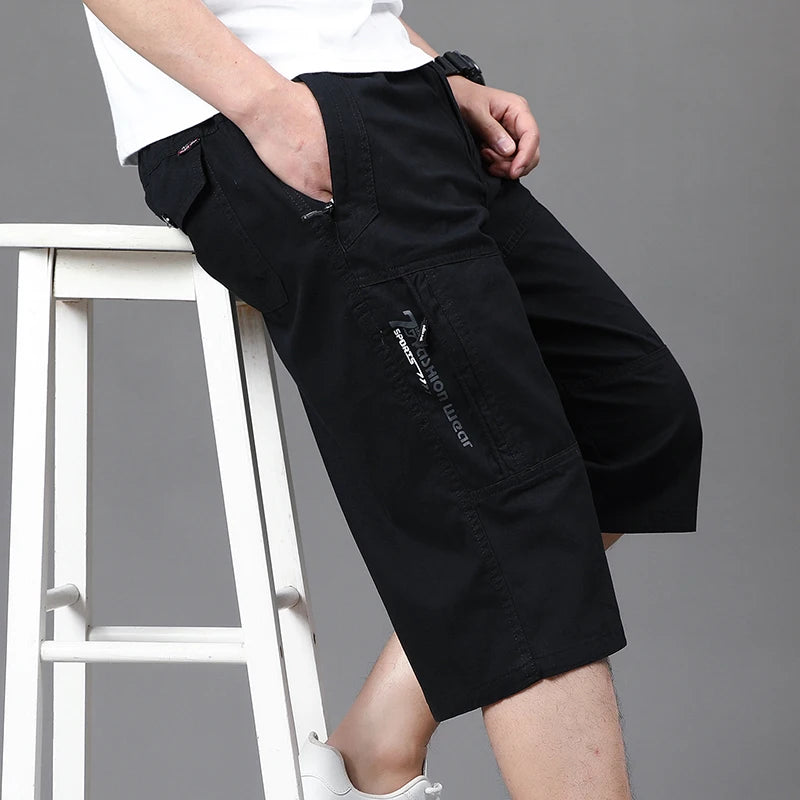 Summer Zipper Pocket Workwear Shorts Mens Knee Cargo Pants 2026 Cotton Shorts Men Climbing Jogger Elastic Waist Sports Work Wear