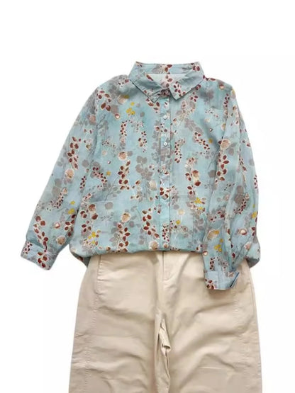 Loose Fit Linen Shirt Women's Thin Long Sleeve Casual Open Cardigan Top Artistic Print Commute Style Autumn Winter Shirt