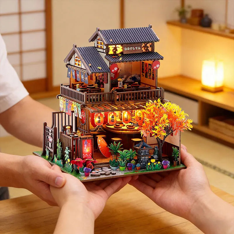 Japanese Izakaya Sushi Restaurant DIY Miniature Dollhouse Kit with LED Light 3D Wooden Puzzle Full Furniture Creative Gift